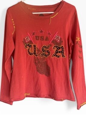 Double D Ranch USA Embellished Long Sleeve Top Red Western Studded Tee Size M